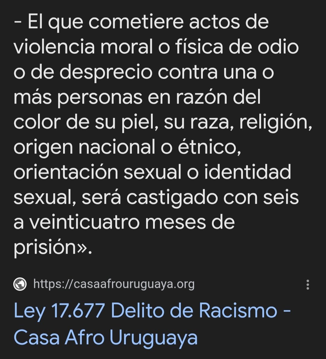↘️
Indudablemente el Senador 
Da Silva violó la ley 17.677  con un acto de violencia moral e incitación al odio.
Castigado con seis a veinticuatro meses de prisión .
Nuestra sociedad y la justicia no pueden tolerar la violación flagrante de la ley.
