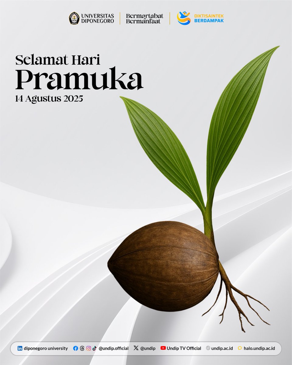 undip's tweet photo. Dalam rimba kehidupan, jadilah tunas yang tegak dan memberi teduh🌳
Selamat memperingati Hari Pramuka Nasional✨
#undip #undipexcellent #undipbermartabat #undipbermanfaat #undipjaya #diktisaintekberdampak https://t.co/10pEcMIRvs
