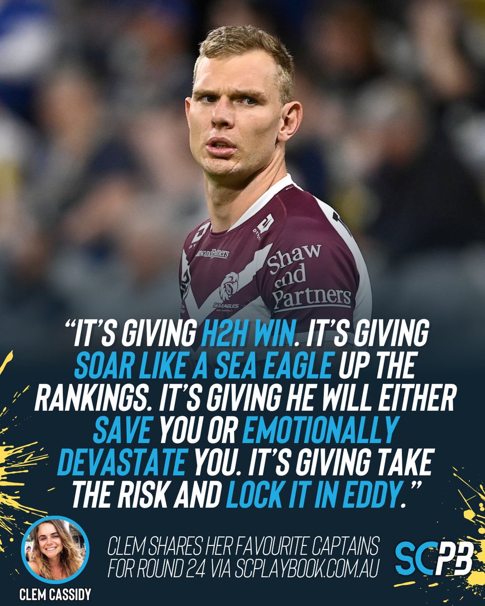 SC Playbook - NRL (@scplaybook1) on Twitter photo Is this the round Tommy T unleashes and punishes the 90% of SuperCoahers who don’t own?
<a href="/clem_cassidy/">Clementine Cassidy</a> shares her captaincy candidates for Round 24 of NRL Supercoach 👉 tinyurl.com/52azbchb
#nrl #nrlsupercoach Is this the round Tommy T unleashes and punishes the 90% of SuperCoahers who don’t own?
<a href="/clem_cassidy/">Clementine Cassidy</a> shares her captaincy candidates for Round 24 of NRL Supercoach 👉 tinyurl.com/52azbchb
#nrl #nrlsupercoach