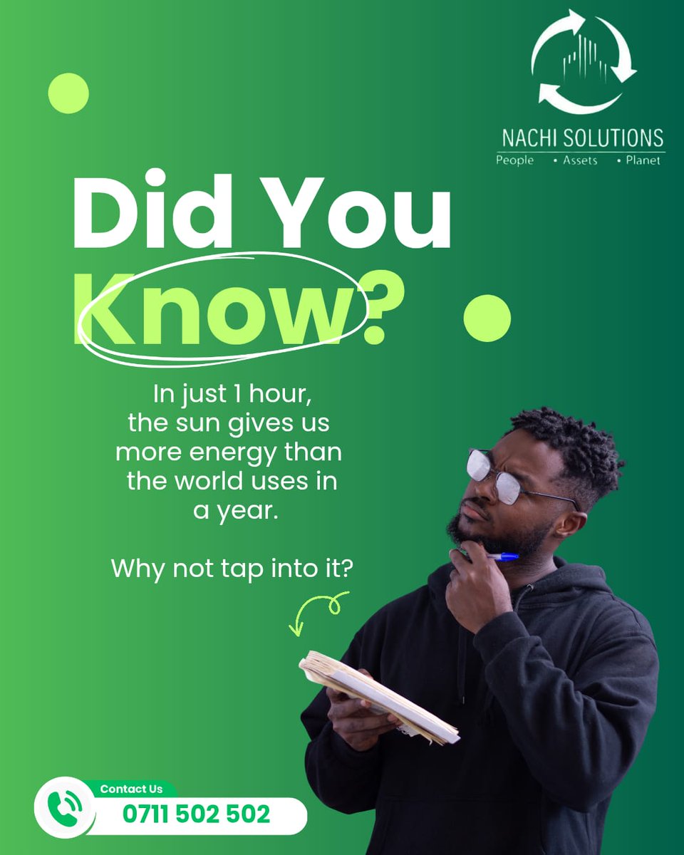 NachiSolutions's tweet photo. Did you know? In just ONE hour, the sun gives us more energy than the world uses in a whole year! 💡 Why not tap into this endless, clean power with Nachi Solutions?

📍 Location: Utawala, opposite APTC
📞 Call/WhatsApp: 0711 502 502
📧 Email: info@nachi-sol.com
#Kenya#cleanpower https://t.co/i4NEr5E8gm