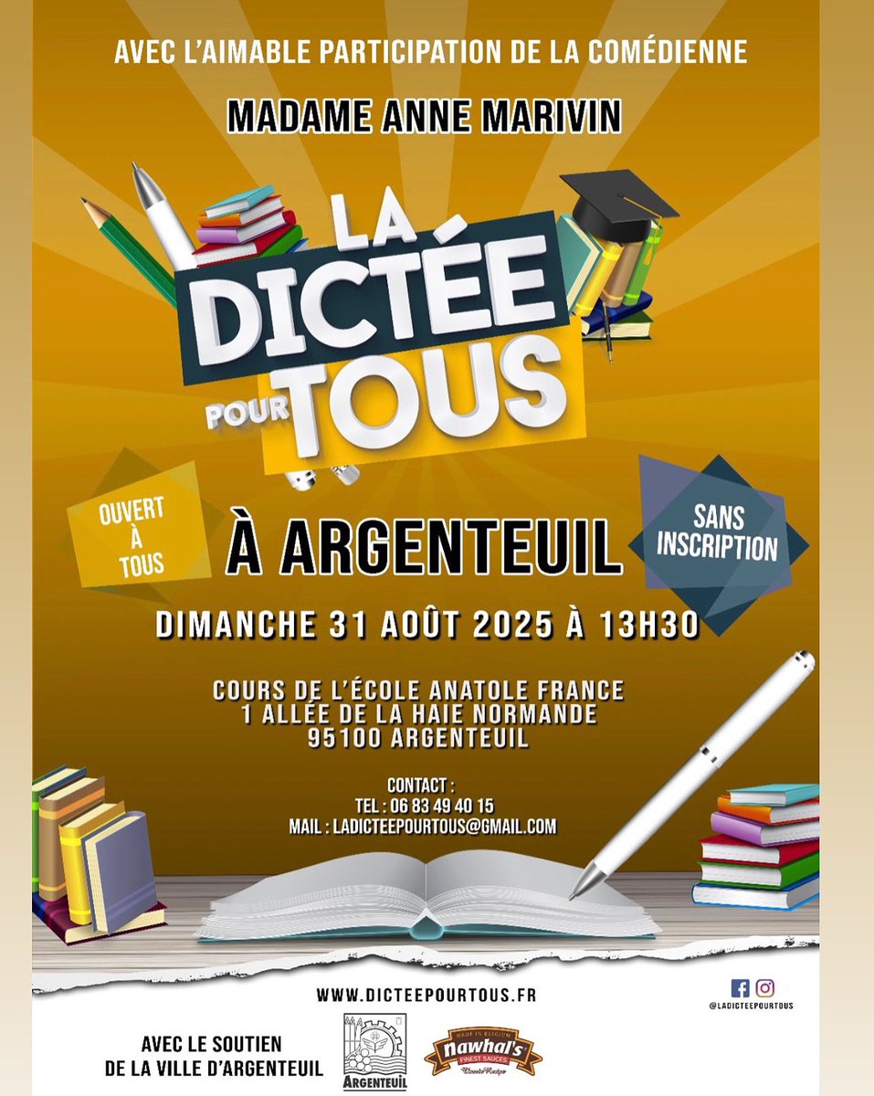 AbdellahBOUDOUR's tweet photo. En route pour le musée du Louvre… mais on fait escale à Argenteuil pour La Dictée pour Tous 📚✏️✨

Avec la participation exceptionnelle de la comédienne Anne Marivin 🥇

📅 Dimanche 31 août 202

🎯 Ouvert à tous
🌐 https://t.co/q5n8Swhw6m

#dictée #grandedictee #dicteegeante https://t.co/8AJzL6Ulsl