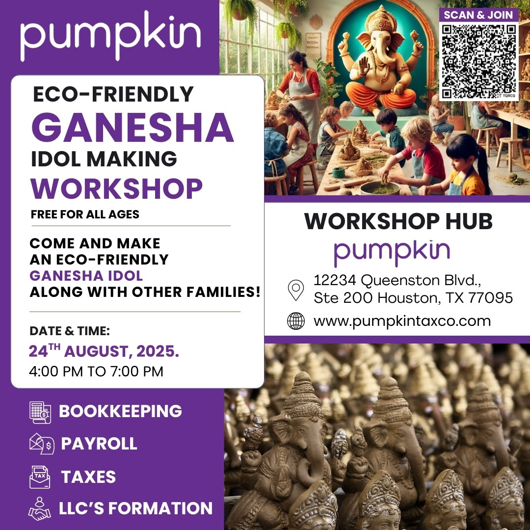 PumpkinTaxco's tweet image. This Ganesh Chaturthi, go green and get creative!
Join our FREE Eco-Friendly Ganesha Idol Making Workshop and craft your own idol with family &amp;amp; friends.
📷 24th August 2025 | 📷 4:00 PM – 7:00 PM | 📷 Houston, TX
#EcoFriendlyGanesh #GaneshChaturthi #FamilyWorkshop #PumpkinEvents