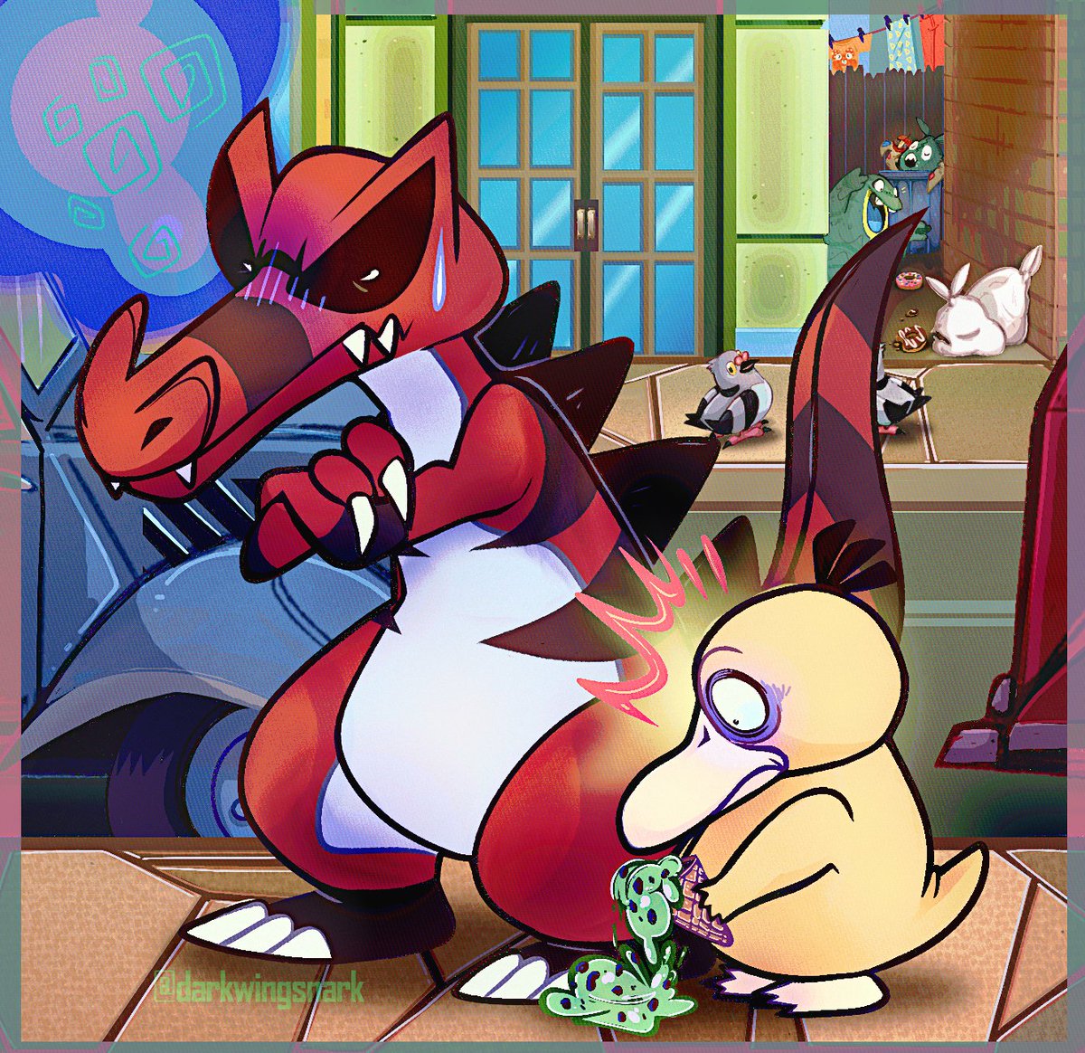 darkwingsnark's tweet image. That feel when your trainer mom tells you to watch your baby brother, but he&apos;s a total dweeb...

I may have put way more detail in the background than needed. Whoops.

#pokemon #krookodile #psyduck #pidove #trubbish #alolangrimer