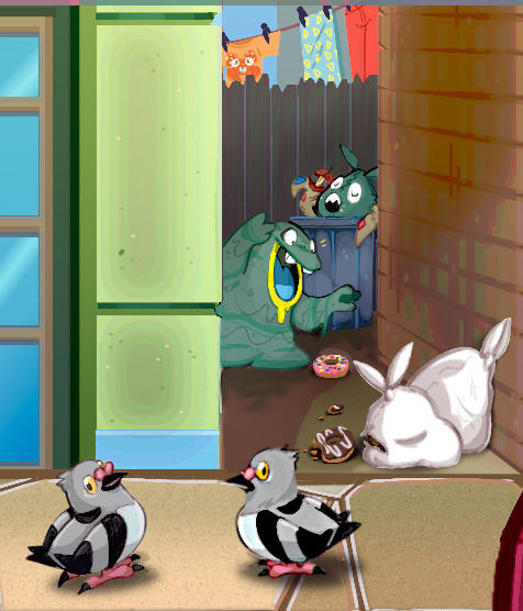 darkwingsnark's tweet image. That feel when your trainer mom tells you to watch your baby brother, but he&apos;s a total dweeb...

I may have put way more detail in the background than needed. Whoops.

#pokemon #krookodile #psyduck #pidove #trubbish #alolangrimer