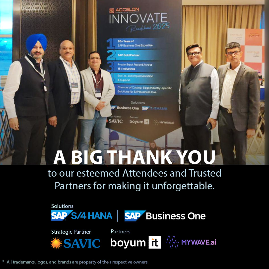 accelon's tweet image. ✨ What an Evening of Collaboration & Insight! ✨
A big thank you to:
✅ Our attendees for their enthusiasm and ideas
✅ Our partners — SAP, Boyum IT, SAVIC, and MyWave AI — for their support
✅ The thought leaders who made discussions around SAP ERPs and tailored industry…