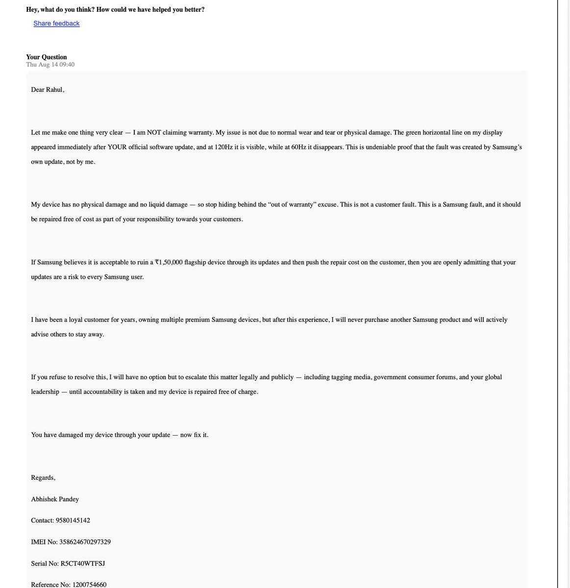 abhishekp050's tweet photo. This is how @SamsungIndia treats its customers — their software update damaged my S22 Ultra, and now they hide behind “guidelines” to avoid free repair.
Fraud tactics to push customers into buying new phones. Don’t buy Samsung!
@DoC_GoI take action!
#SamsungFraud https://t.co/FLEwxSHK0X