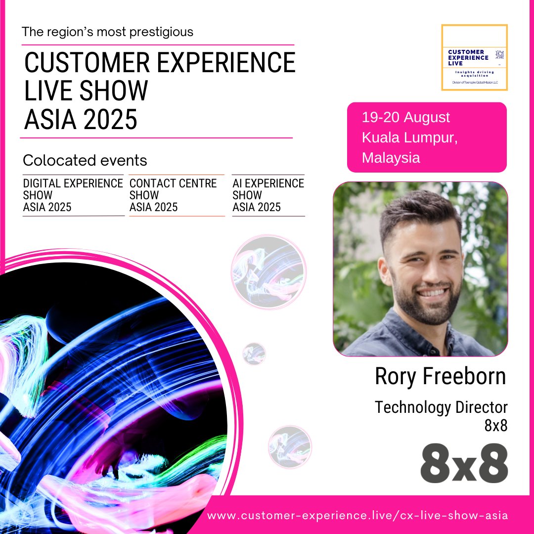 CXLiveTweets's tweet image. We welcome Rory Freeborn, Technology Director, @8x8, to our roster of esteemed speakers! Hear Rory share his valuable insights and perspectives at the Customer Experience Live Show Asia 2025.

Register as a group: customer-experience.live/event-details/…

#CXLiveTweets #CXLive #CXLiveShow #8X8
