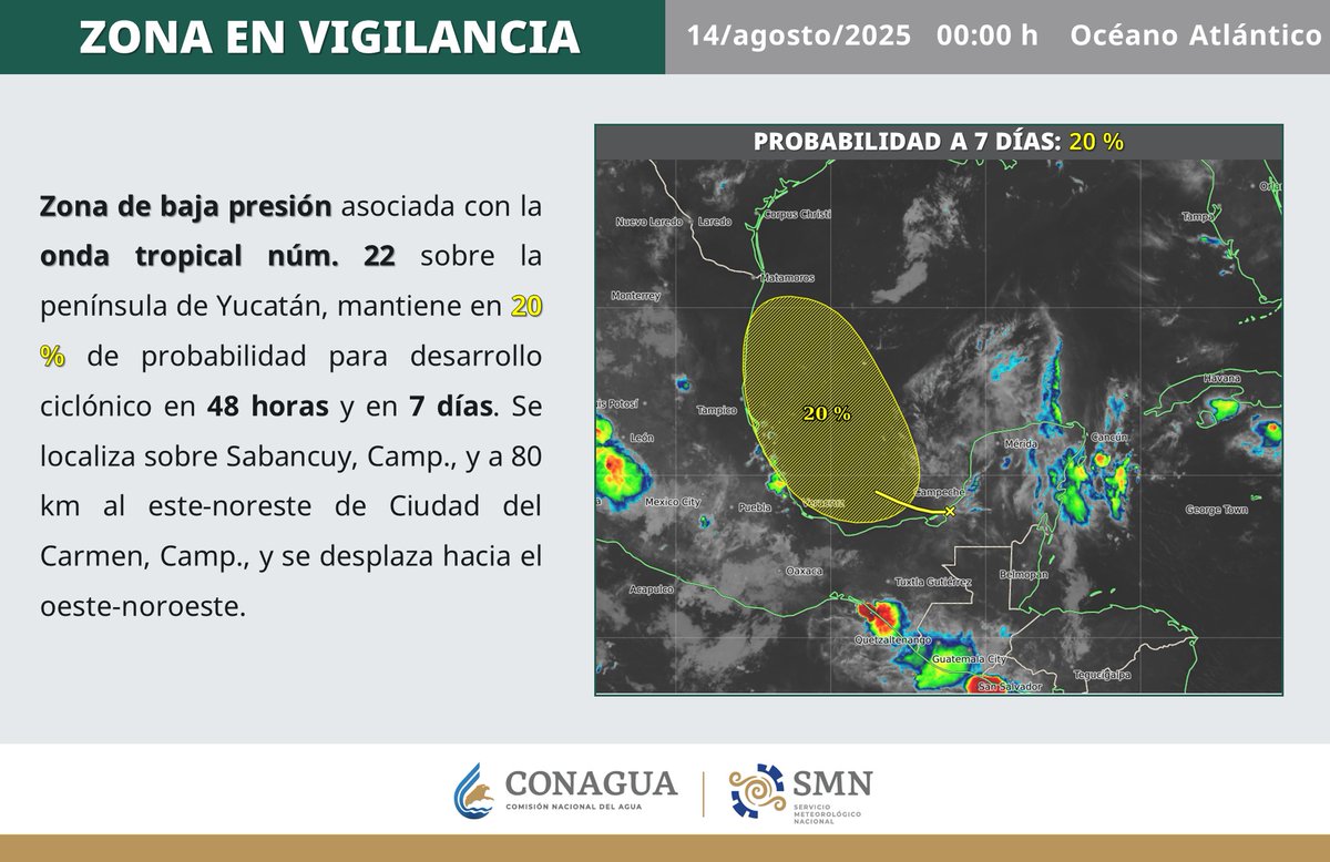 conagua_clima's tweet image. Se vigila la zona de #BajaPresión con 20 % de probabilidad para desarrollo ciclónico en 48 horas y en 7 días; esta noche se localizó a 80 km al este-noreste de Ciudad del Carmen, #Campeche 👇