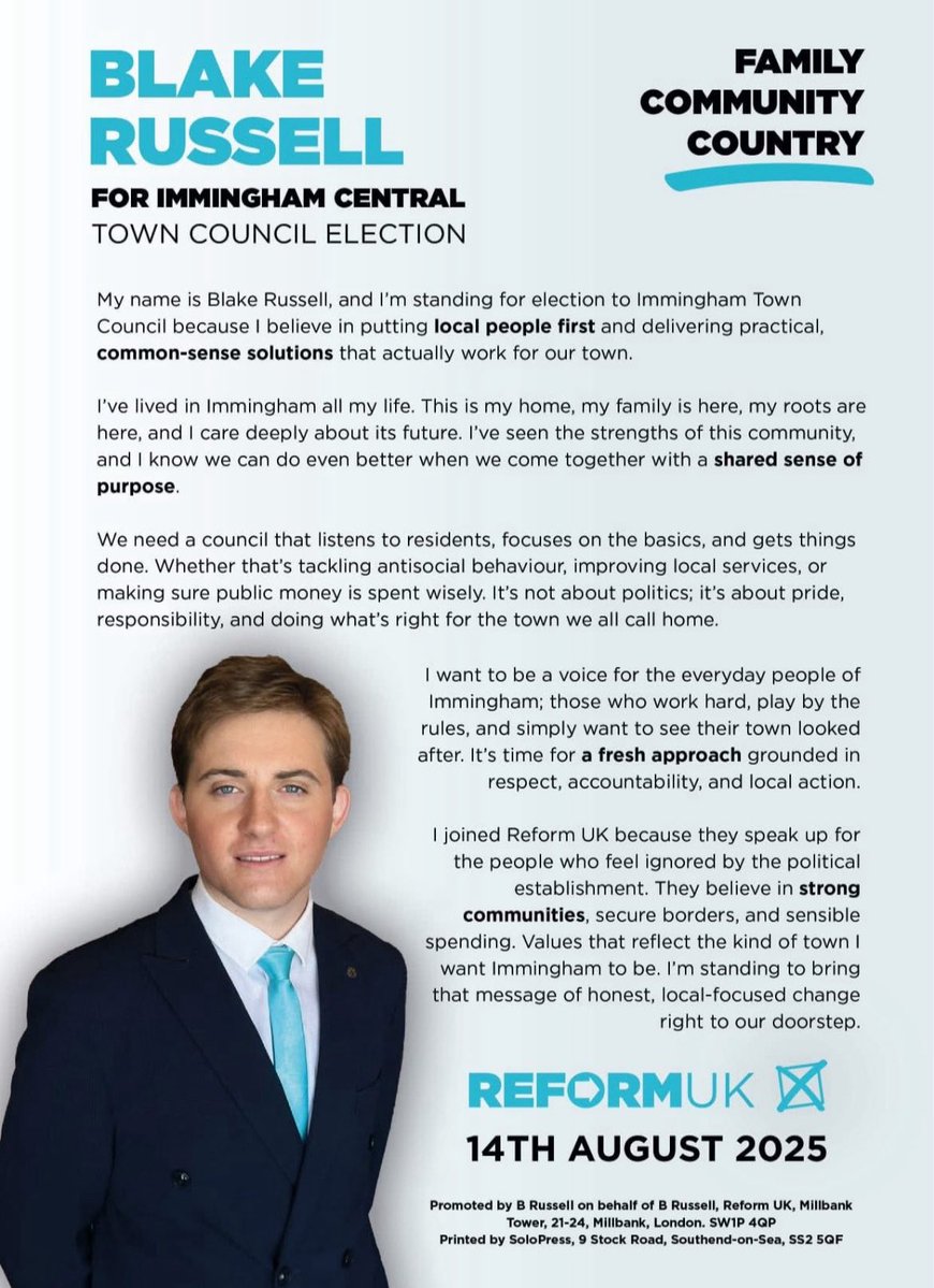 Reform UK NE Lincolnshire (@reformuknelincs) on Twitter photo It’s Election Day! 😎
Make sure to vote for Blake Russell.
Let’s smash this! 👊➡️
<a href="/andreajenkyns/">Dame Andrea Jenkyns DBE 🇬🇧</a> | <a href="/OliverFreeston/">Oliver Freeston</a> | <a href="/OtherBellamy/">David Bellamy 🇬🇧 #ReformUK</a> It’s Election Day! 😎
Make sure to vote for Blake Russell.
Let’s smash this! 👊➡️
<a href="/andreajenkyns/">Dame Andrea Jenkyns DBE 🇬🇧</a> | <a href="/OliverFreeston/">Oliver Freeston</a> | <a href="/OtherBellamy/">David Bellamy 🇬🇧 #ReformUK</a>