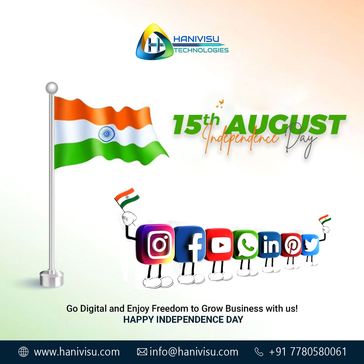 HanivisuTech's tweet photo. ✨Wishing you a Happy Independence Day!✨
Let’s honor our nation’s journey of freedom, unity, and pride💚🤍🧡

#HappyIndependenceDay #IndependenceDay2025 #IndiaAt79 #ProudToBeIndian #Freedom #HanivisuTechnologies #Hanivisu #Business #advertising #digitalmarketing https://t.co/Z1e0sxHvCX