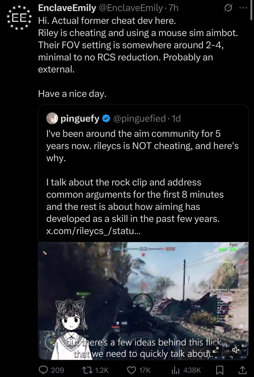 Awk20000's tweet image. Former cheat developer claims RileyCS aka the viral BF 6 catgirl is cheating by using a “mouse sim aimbot”