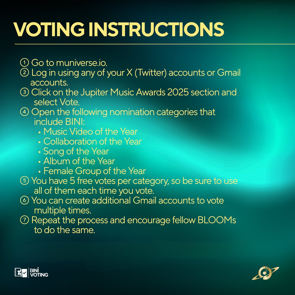[📣] JUPITER MUSIC AWARDS 2025

BLOOMs, we know there’s a lot going on right now, and many of us are feeling down. Let’s turn this into motivation to give our best girls more wins! ✨

Help us by voting for them in five categories at the 2025 Jupiter Music Awards. We really need