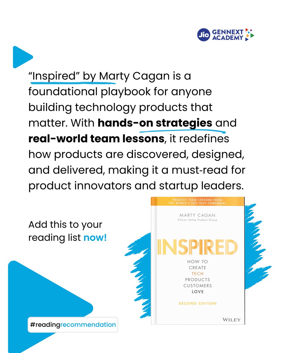 What makes a tech product truly loved?
 
In “Inspired,” Marty Cagan reveals how elite product teams, from Netflix to Google, build value and not just features.
 
#JioGenNext #JioGenNextAcademy #ReadingRecommendation #Inspired #MartyCagan