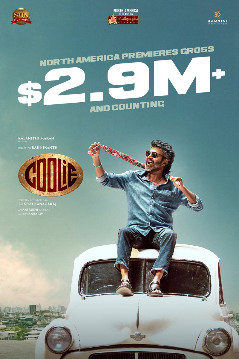 bandlanageshwar's tweet photo. Rajini Mania = Box Office Tsunami🤩

#Coolie smashes $2.9 Million+ in North America premieres &amp; counting https://t.co/kSZy707tHO
