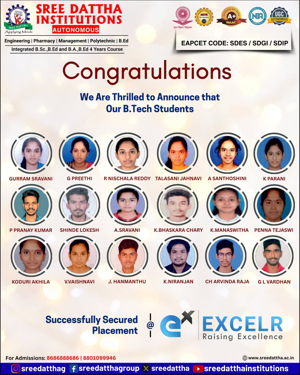 SreedatthaG's tweet photo. 🌟 Celebrating Success at Sree Dattha Institutions! 🌟
We are proud to announce that our brilliant https://t.co/jocRm6Eifz students have secured placements with EXCELR – Raising Excellence.
#SDES #SDGI #SreeDatthaInstitutions #PlacementSuccess #BTechPlacements #ExcelR https://t.co/cDXOH6X2LU