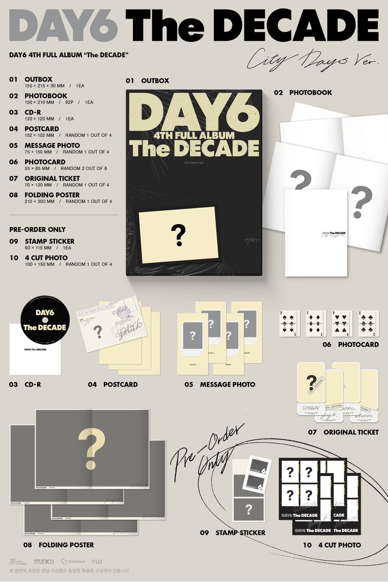 DAY6 (데이식스) - The DECADE

구성
포토북+엽서 1종 랜덤+메시지포토 1종 랜덤+포토카드 2종 랜덤+오리지널티켓 1종 랜덤+폴딩포스터 1종 랜덤

예판 특전 
스탬프 스티커 + 4컷 포토 4종 중 1종 랜덤 삽입