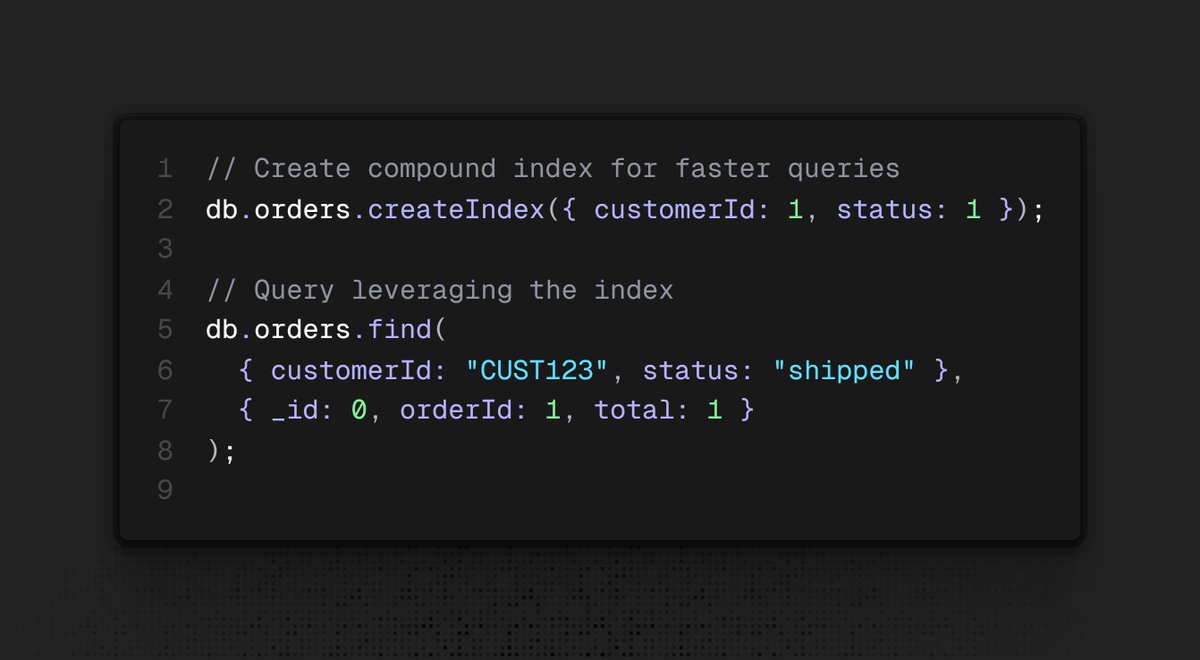 nrachabathuni's tweet image. In MongoDB (and most NoSQL DBs), design queries around your access patterns—not just your data model. 

Use compound indexes to optimize frequent lookups &amp;amp; aggregations. 🚀

#NoSQL #MongoDB #DatabaseTips #BigData #CloudComputing #DataEngineering #SoftwareDevelopment