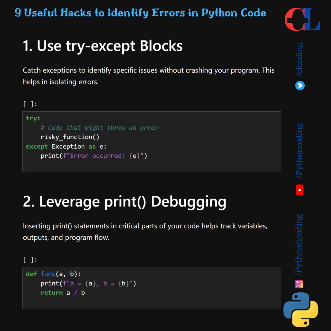 clcoding's tweet image. 8 Useful Hacks to Identify Errors in Python Code