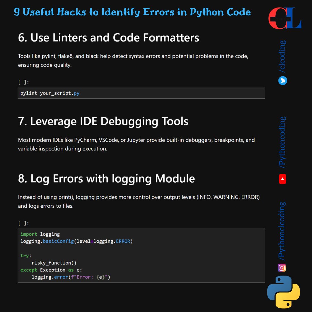 clcoding's tweet image. 8 Useful Hacks to Identify Errors in Python Code