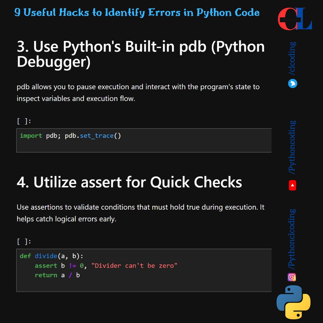 clcoding's tweet image. 8 Useful Hacks to Identify Errors in Python Code