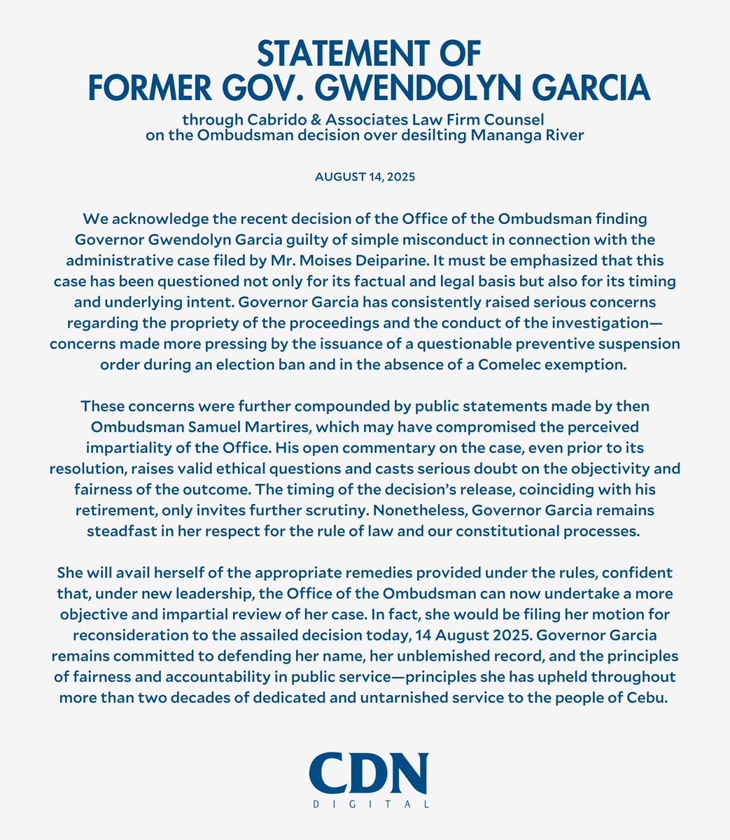 READ: Here's the statement of former Gov. Gwendolyn Garcia's counsel on the recent decision of the Ombudsman ordering her to pay fines after being found guilty of two administrative charges. <a href="/cebudailynews/">CDN Digital</a>