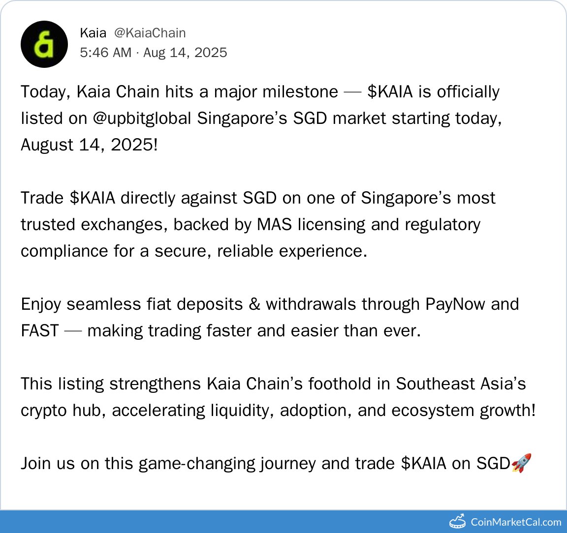 🆕 New Kaia $KAIA event! 14 Aug 2025 Upbit Global Listing Source:  https://t.co/iNZTP4azGq