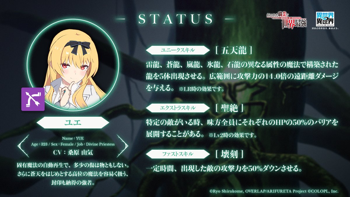 🎀ユエ（CV：#桑原由気）

オルクス大迷宮の奈落に封印されていた吸血鬼族の少女。
ハジメに解放されたことで互いに唯一無二のパートナーとなる。
不老不死に近い身体を持ち、魔法陣なしでも強力な魔法を操れるという、規格外の存在。
ハジメの血が好物。天職は【神子】。

#いせいせ #ありふれた