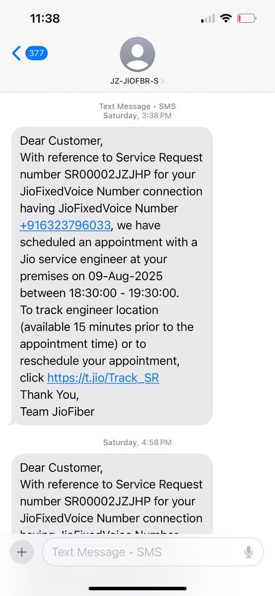 prathamking's tweet photo. @JioCare @reliancejio My Jio AirFiber keeps disconnecting frequently, severely hampering my work. Since last month, I’ve been calling customer care daily — every time I get a text about an engineer visit, but no one ever comes. Same reply, same messages, no action. #JioAirFiber https://t.co/CoGrthcVRa