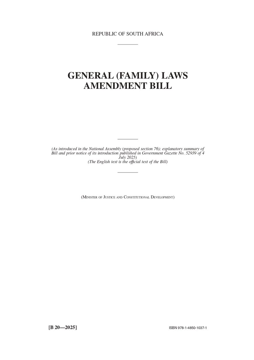 Minister <a href="/mmkubayi/">Mmamoloko Nkhensani Kubayi</a> introduced the General (Family) Laws Amendment Bill [B20–2025] in Parliament

pmg.org.za/bill/1289/
