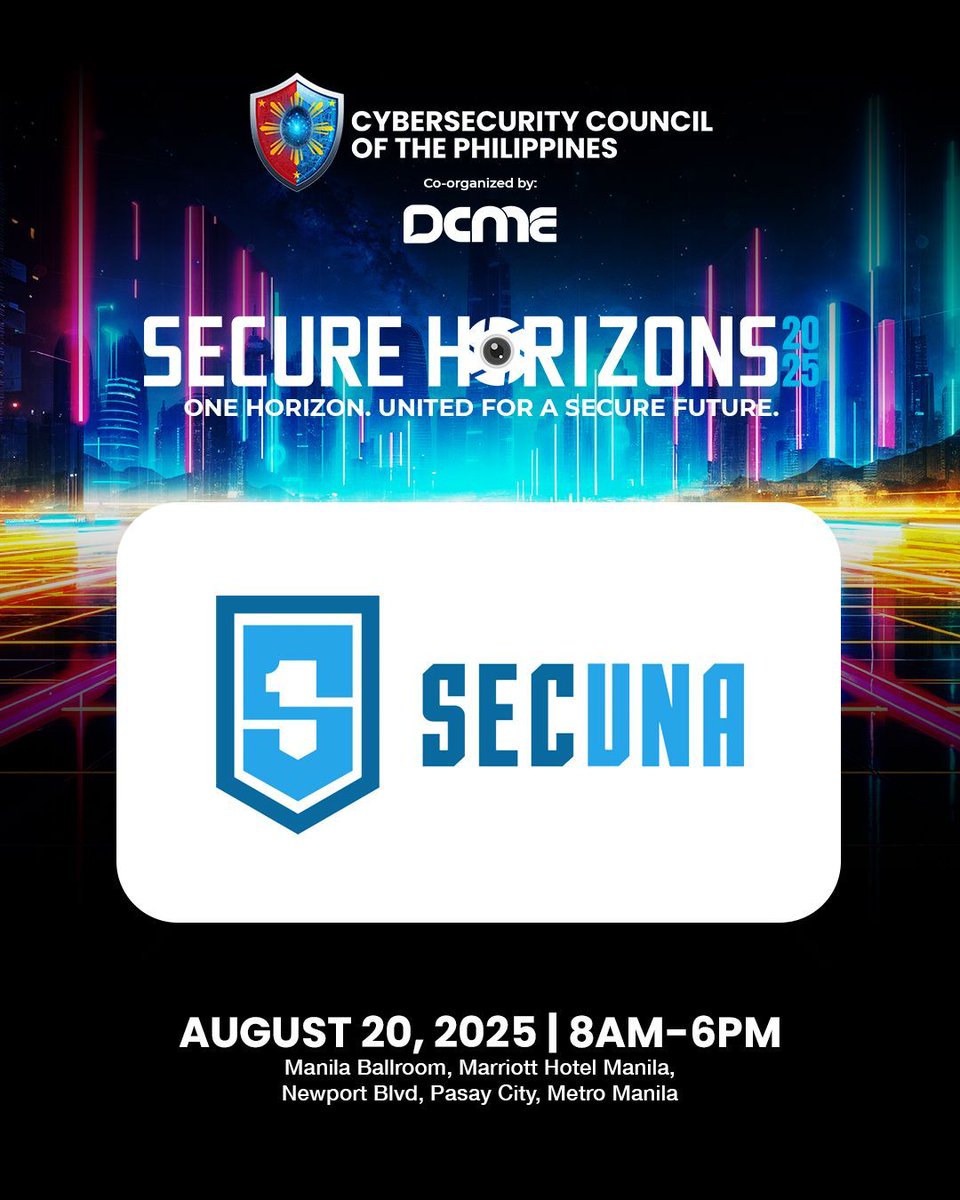 SecunaSecurity's tweet image. Counting down to Secure Horizons 2025! ⏳

On Aug 20 at Manila Marriott Hotel, Secuna joins cybersecurity experts, government leaders &amp;amp; innovators to exchange insights, spark collaborations, and drive real impact. 🌐 

See you! 👋

#Secuna #SecureHorizons2025 #CybersecurityPH