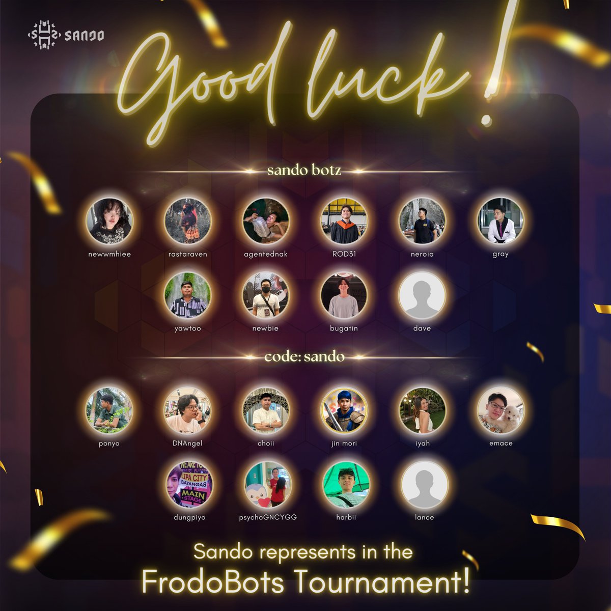 Sando (@sandometaverse) on Twitter photo Good luck to our amazing Sando players competing in the <a href="/frodobots/">FrodoBots</a> Tournament! 🏆⚡
We’re all cheering for you, show them the Ka-Sando power! 💪🔥
Let’s go, team!
<a href="/YieldGuild/">Yield Guild Games</a> <a href="/YGGFutureOfWork/">YGG Future of Work</a> Good luck to our amazing Sando players competing in the <a href="/frodobots/">FrodoBots</a> Tournament! 🏆⚡
We’re all cheering for you, show them the Ka-Sando power! 💪🔥
Let’s go, team!
<a href="/YieldGuild/">Yield Guild Games</a> <a href="/YGGFutureOfWork/">YGG Future of Work</a>