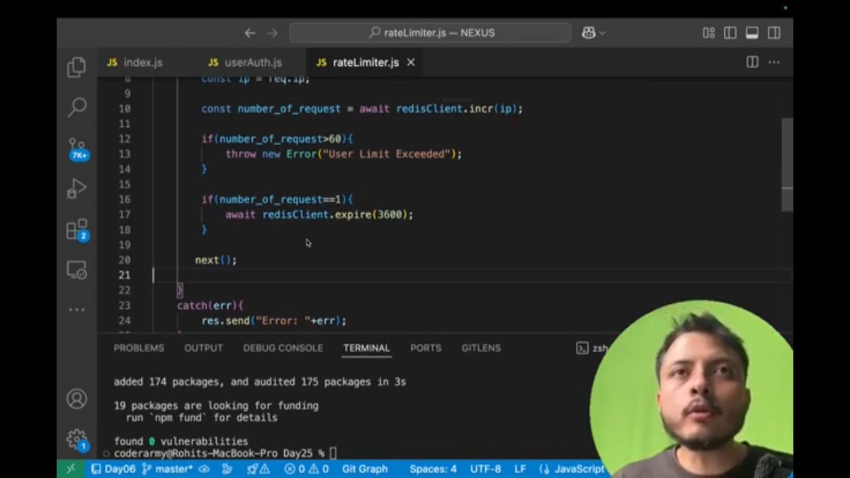 savita_gurjar30's tweet image. Topic: Backend
@rohit_negi9
Lecture 25: Rate Limiter in LLD
GitHub Repo: github.com/savigurjar/Bac…

#NodeJSBackend #RateLimiting #RedisIntegration #APISecurity #BackendSecurity #ExpressMiddleware #APIProtection #Redis   #LowLevelDesign #LLD #NodeJSAPI  #CoderArmy #RohitNegiBhaiya