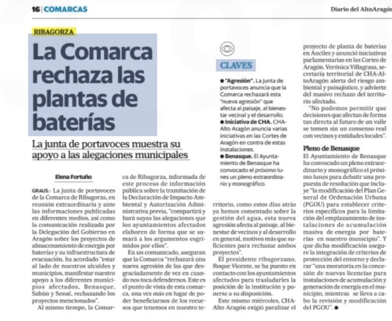 🪫 CHA-Alto Aragón exige paralizar el proyecto de planta de baterías en Ansils y anuncia iniciativas parlamentarias 

<a href="/Moronyka/">Verónica</a> alerta del riesgo ambiental y paisajístico y advierte del masivo rechazo del territorio afectado <a href="/altoaragon/">Diario del Altoaragón</a>

🔗 chunta.org/cha-alto-arago…