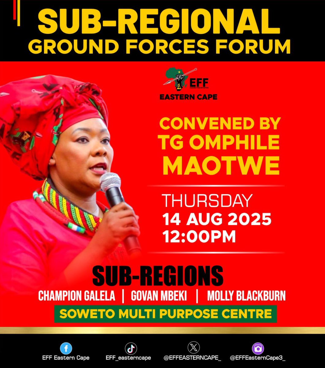 [HAPPENING TODAY]🚨

The TG <a href="/OmphileMaotwe/">Omphile Maotwe</a> will address the Sub-Regional Ground forces forum constituted by Champion Galela, Govan Mbeki and Molly Blackburn SRILCs and ground forces at the Soweto Multi purpose centre today.