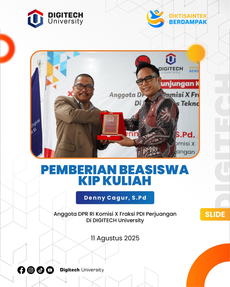 digitechuniv's tweet photo. 🎓 Wujud Nyata Kepedulian Pendidikan!
DIGITECH University dengan bangga menerima Beasiswa KIP Kuliah yang diberikan oleh Bapak @DennyCagur , Anggota DPR RI Komisi X, sebagai bentuk dukungan nyata bagi generasi muda untuk meraih pendidikan tinggi berkualitas tanpa hambatan biaya https://t.co/JOUmySk1sx