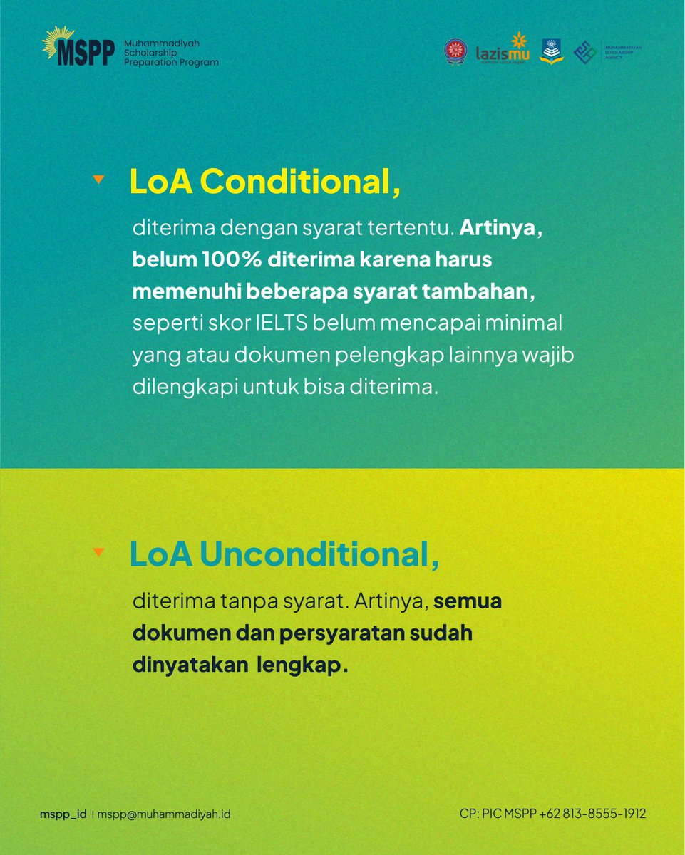 MSPP_ID's tweet photo. LoA itu kayak tiket masuk ke kampus impian, tapi ada dua jenisnya yang sering bikin bingung: Conditional dan Unconditional.

Bedanya apa, dan mana yang kamu butuhin? 

Simpan dulu postingan ini biar nggak lupa pas butuh nanti! 🎓 https://t.co/mhBZJ3OY6S
