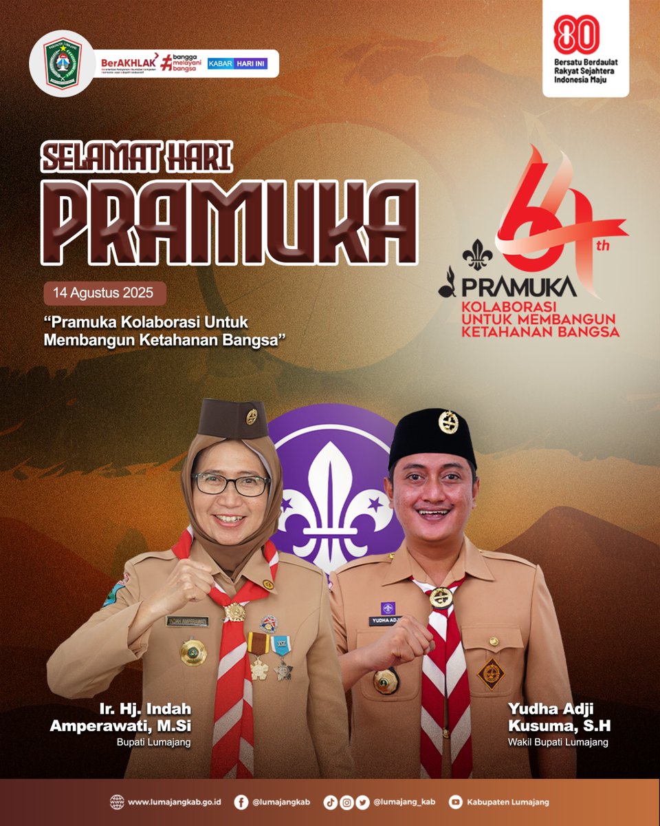"Selamat Hari Pramuka ke-64! 🌟

Bersama berkolaborasi, membangun ketahanan bangsa lewat disiplin, gotong royong, dan kepemimpinan. Dari Lumajang untuk Indonesia, mari beraksi! 🇮🇩✨

#HariPramuka2025 #KolaborasiUntukBangsa #SobatLumajang"