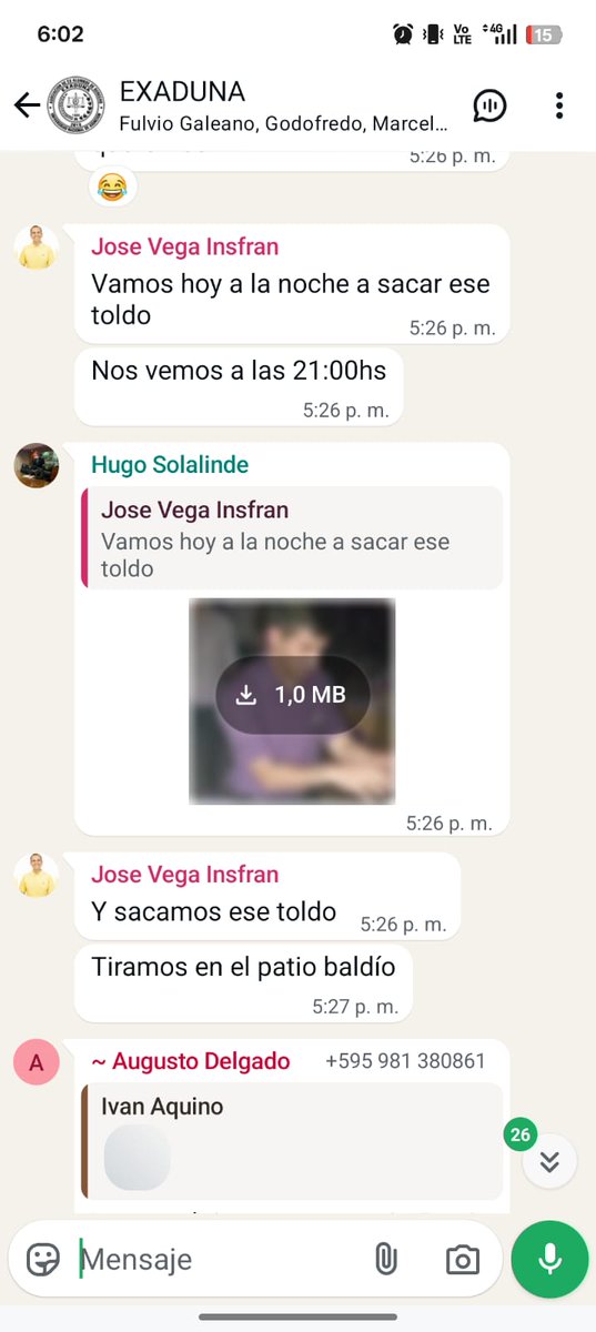 juankilezcano's tweet photo. Las amenazas empezaron antes.

 José Vega, candidato de la Alianza Gremial había amenazando públicamente en un grupo del WhatsApp de ex alumnos de Derecho UNA con "hacer desaparecer el toldo"

Bueno... https://t.co/wnLLk7Vvzs