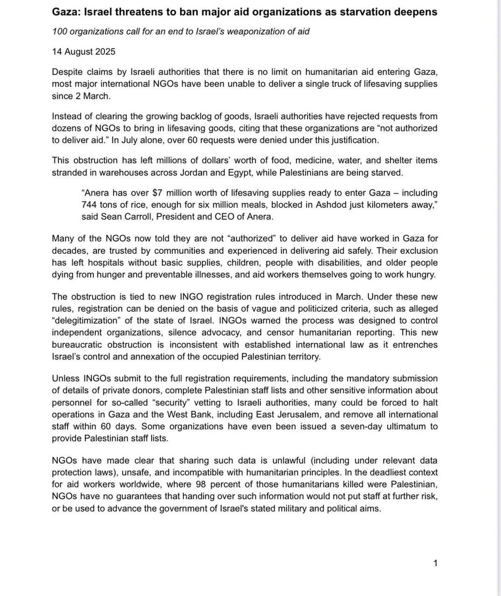 Amit Segal (@amitsegal) on Twitter photo More than 100 international organizations allege in a joint statement that Israel is blocking most of them from bringing aid into Gaza, leaving millions of dollars’ worth of assistance sitting in warehouses outside the Strip.
The facts, according to COGAT: the organizations are More than 100 international organizations allege in a joint statement that Israel is blocking most of them from bringing aid into Gaza, leaving millions of dollars’ worth of assistance sitting in warehouses outside the Strip.
The facts, according to COGAT: the organizations are
