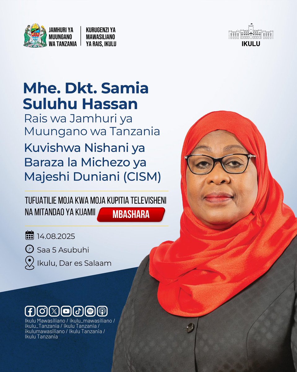 ikulumawasliano's tweet photo. Fuatilia matangazo ya moja kwa moja kupitia Akaunti zetu za Instagram: ikulu_mawasiliano, Facebook: Ikulu Tanzania Facebook fanpage: Ikulu Mawasiliano, Twitter: ikulu_Tanzania Youtube Channel: Ikulu Tanzania na Tovuti: https://t.co/aWUNyogQwE https://t.co/nfXdctzi7q