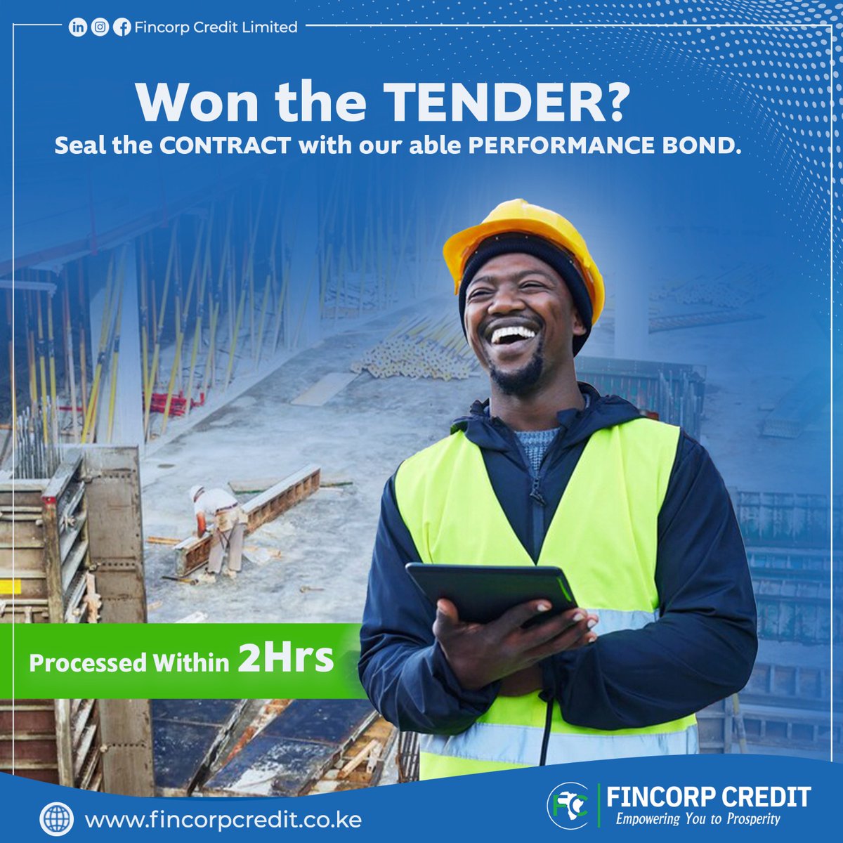 FinCorpCredit's tweet photo. Won the tender? Now seal the deal with our able performance bonds.
For more info contact 0706355355
#PerformanceBond
#chapqkazibilastress
#fastandflexiblefoods
#fincorpcredit https://t.co/78Onk05EEa