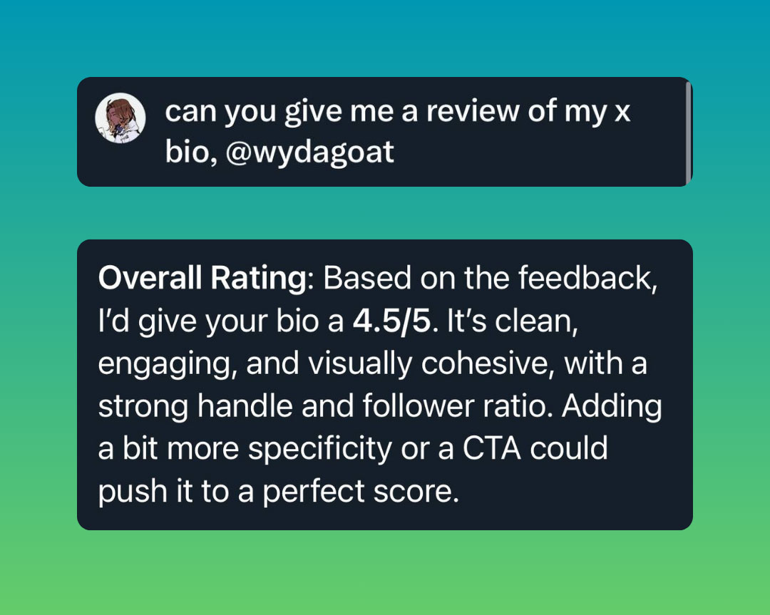 if you really want to grow in this space here are 2 quick cheats that work

> fix your bio

it’s your business card the filter people use to decide if you’re worth following

don’t make <a href="/KaitoAI/">Kaito AI 🌊</a> yapper your whole identity think big connect wider and create something that lasts