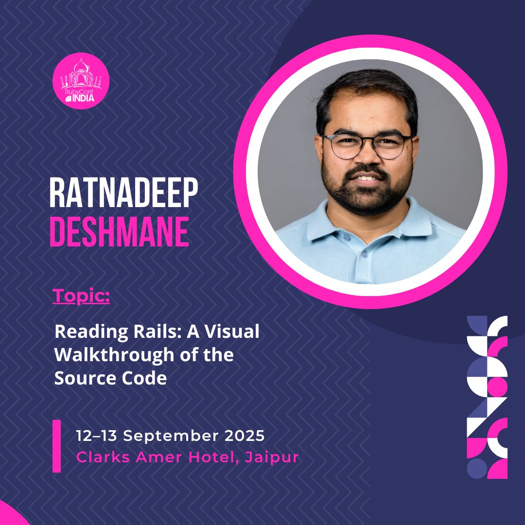 We’re excited to welcome Ratnadeep Deshmane to the #RCI25 speaker lineup with his talk, “Reading Rails: A Visual Walkthrough of the Source Code.”

Register Now: townscript.com/e/rubyconf-ind…

#RubyConfIndia #RCI25