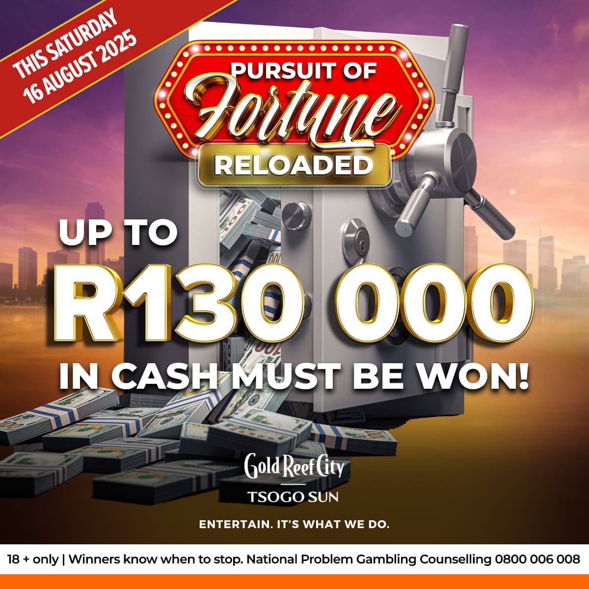 🎯 18+ | Saturday, 16 Aug – 𝐔𝐩 𝐭𝐨 𝐑𝟏𝟑𝟎,𝟎𝟎𝟎 𝐂𝐀𝐒𝐇 𝐌𝐔𝐒𝐓 𝐁𝐄 𝐖𝐎𝐍!

After one lucky winner cracked the safe and walked away with a whopping R90,000 last weekend, the safe now resets to R50,000!

Draws at 3PM, 7PM &amp; 9PM — more chances to WIN BIG!

🔐 At 9PM,