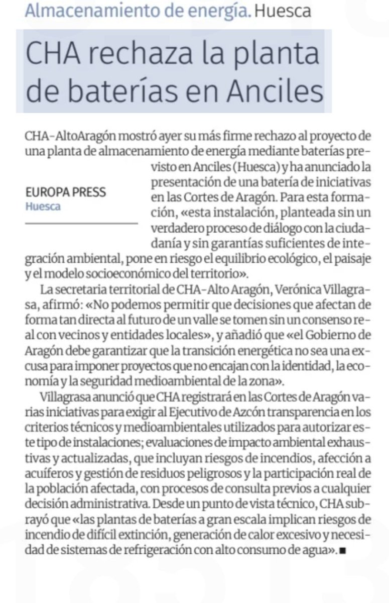 🪫 CHA-Alto Aragón exige paralizar el proyecto de planta de baterías en Ansils y anuncia iniciativas parlamentarias  <a href="/periodicoaragon/">El Periódico de Aragón</a>

<a href="/Moronyka/">Verónica</a> alerta del riesgo ambiental y paisajístico y advierte del masivo rechazo del territorio afectado

🔗 chunta.org/cha-alto-arago…