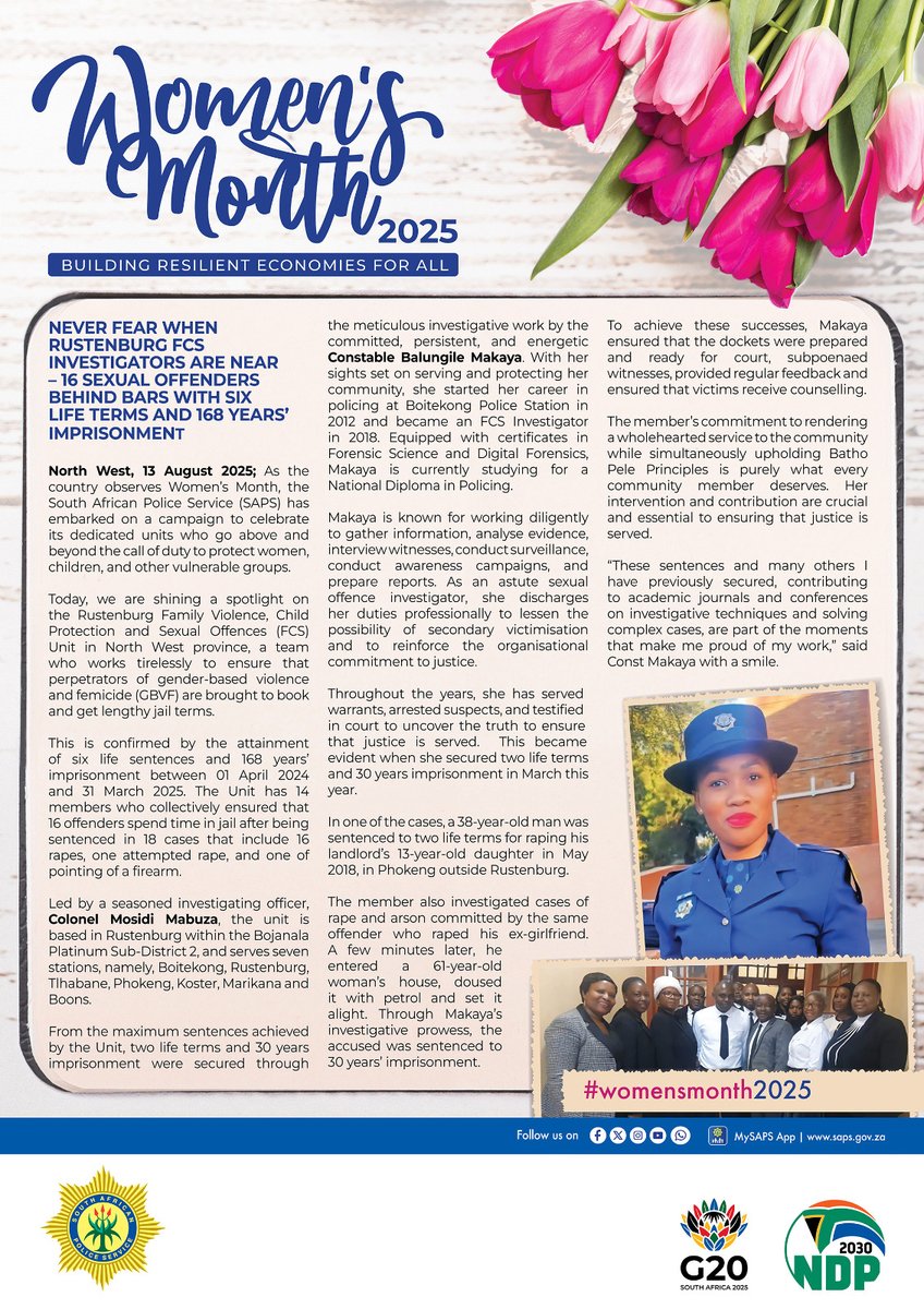 #sapsHQ #ICYMI [WOMEN'S MONTH: MEET OUR MEMBERS] #SAPS shines the spotlight on the Rustenburg Family Violence, Child Protection and Sexual  Offences (FCS) Unit in North West province, a team who works tirelessly  to ensure that perpetrators of gender-based violence and femicide