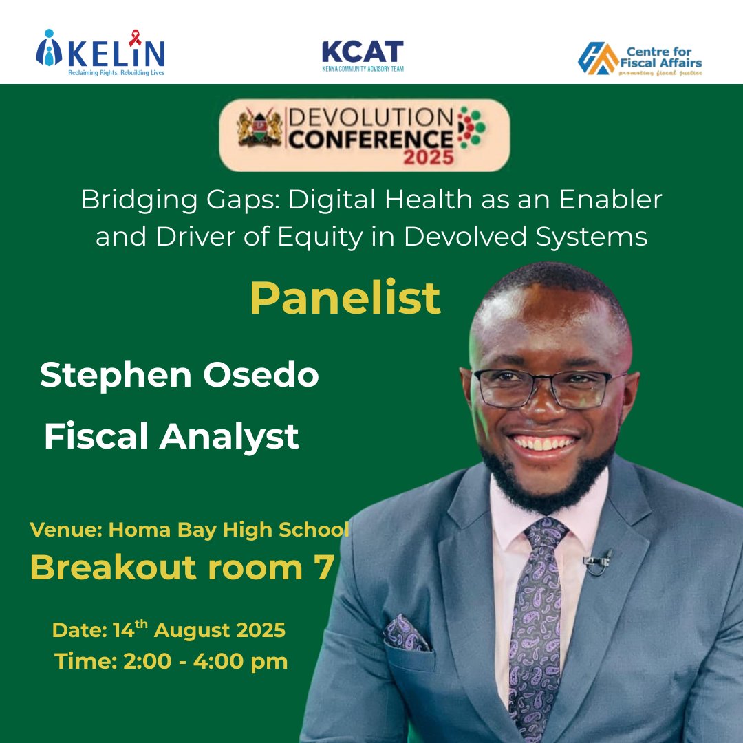 Join us at our side event and hear from fiscal analyst Stephen Osedo as he unpacks the money side of making digital health work for everyone.
🔹 What financing models, from public-private partnerships to donor funding and county budgets can sustainably support digital health