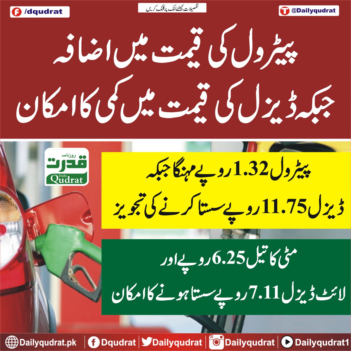 پیٹرول کی قیمت میں اضافہ جبکہ ڈیزل کی قیمت میں کمی کا امکان
پیٹرول 1.32روپے مہنگا جبکہ ڈیزل 11.75روپے سستا کرنے کی تجویز
مٹی کا تیل 6.25روپے اور لائٹ ڈیزل 7.11روپے سستا ہونے کا امکان
dailyqudrat.pk/393869/