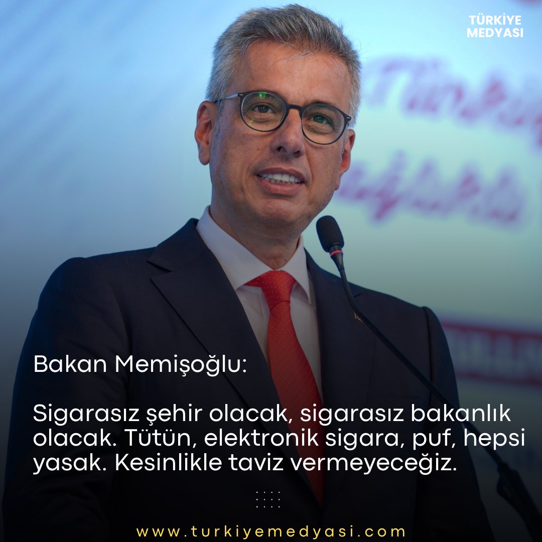 ▪️Bakan Kemal Memişoğlu:

Sigarasız şehir olacak, sigarasız bakanlık olacak. Tütün, elektronik sigara, puf, hepsi yasak. Kesinlikle taviz vermeyeceğiz.