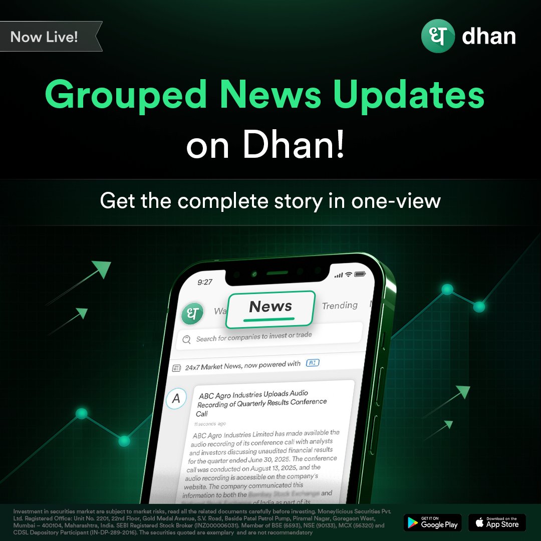 DhanHQ's tweet image. Now Live: Grouped News Updates on Dhan!🚀

Tracking markets is more than a single headline; events unfold in chains.

With Market News on Dhan, you get the complete story, right where you trade.

With Grouped News, multiple updates related to the same stock or market event are…